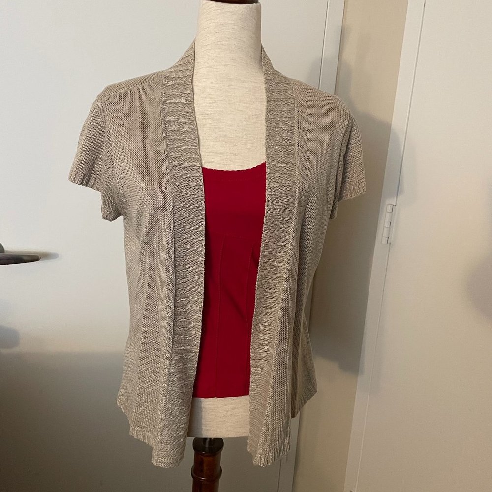 EILEEN FISHER Beige Open Front Cardigan Size M Hemp Knit Short Sleeve